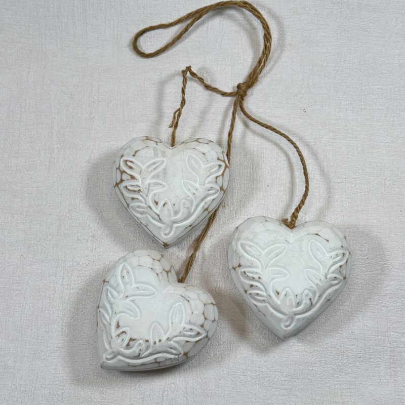 Set 3 White Wooden Hanging Hearts | Rustic Twine | Shabby Chic Decor 7.5cm