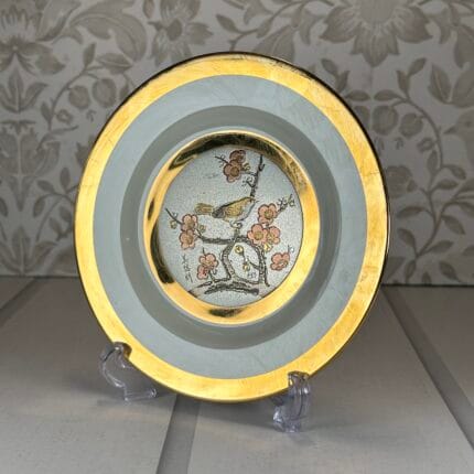 Vintage Chokin Art Plate - 24K Gold Edge - Bird & Cherry Blossom - Yoshinobu Hara