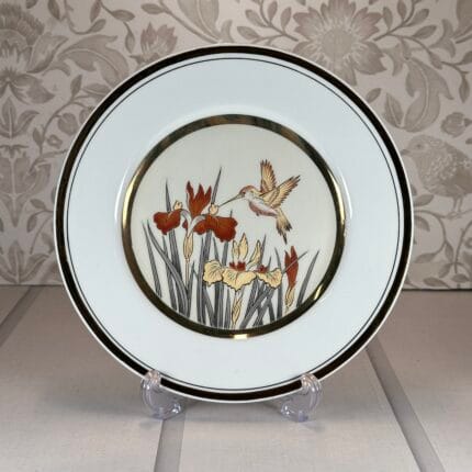 Vintage Chokin Art Plate - 24K Gold Rim - Hummingbird & Iris - Japan