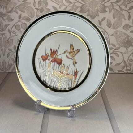 Vintage Chokin Art Plate - 24K Gold Rim - Hummingbird & Iris - Japan