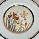 Vintage Chokin Art Plate - 24K Gold Rim - Hummingbird & Iris - Japan