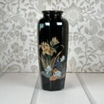 Vintage Black Porcelain Vase, Hummingbird, Iris & Lotus Flowers, 11" Oriental Decor