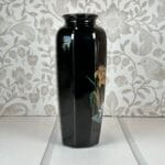 Vintage Black Porcelain Vase, Hummingbird, Iris & Lotus Flowers, 11" Oriental Decor