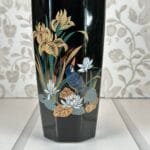 Vintage Black Porcelain Vase, Hummingbird, Iris & Lotus Flowers, 11" Oriental Decor
