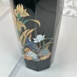 Vintage Black Porcelain Vase, Hummingbird, Iris & Lotus Flowers, 11" Oriental Decor