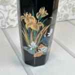 Vintage Black Porcelain Vase, Hummingbird, Iris & Lotus Flowers, 11" Oriental Decor