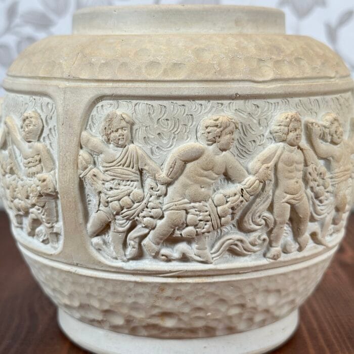 Vintage Ceramic Planter/Vase, Cherub Frieze, Hand-Carved, Mediterranean Style, Marked 199
