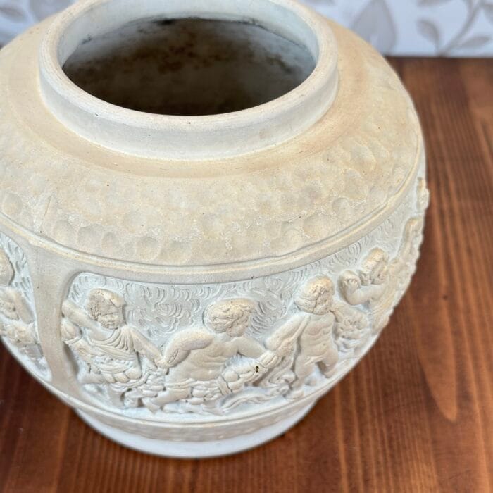 Vintage Ceramic Planter/Vase, Cherub Frieze, Hand-Carved, Mediterranean Style, Marked 199