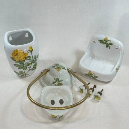 Vintage Porcelaine de Paris Floral Bathroom Set - Yellow Roses - Soap, Brush, Towel Rail