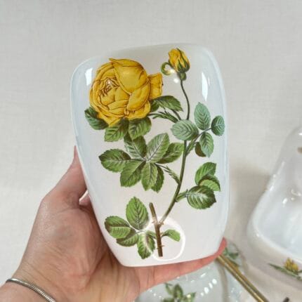 Vintage Porcelaine de Paris Floral Bathroom Set - Yellow Roses - Soap, Brush, Towel Rail