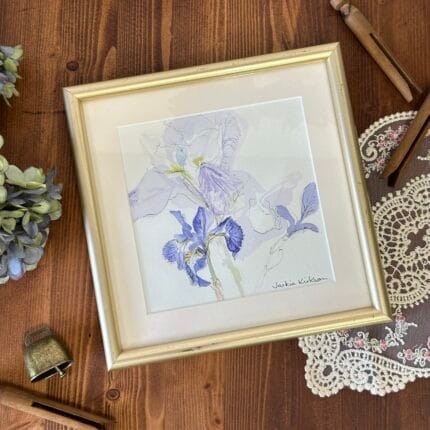 Vintage Original Pen & Watercolour Iris Painting, Signed Jackie Kirkham, Framed