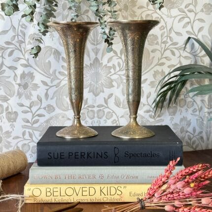 Pair Vintage Kashmiri Brass Trumpet Vase Candlesticks, Etched Leaf Design, 7"