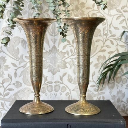 Pair Vintage Kashmiri Brass Trumpet Vase Candlesticks, Etched Leaf Design, 7"