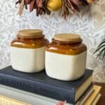 Pair Retro Vintage Stoneware Storage Jars w/ Cork Lids, 1980s/90s, Rustic Kitchen
