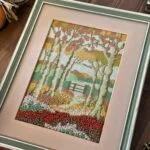 Vintage Needlepoint Framed Artwork, Autumn Scene, Handmade, Ready to Hang