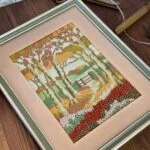 Vintage Needlepoint Framed Artwork, Autumn Scene, Handmade, Ready to Hang