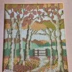 Vintage Needlepoint Framed Artwork, Autumn Scene, Handmade, Ready to Hang
