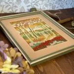 Vintage Needlepoint Framed Artwork, Autumn Scene, Handmade, Ready to Hang