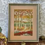 Vintage Needlepoint Framed Artwork, Autumn Scene, Handmade, Ready to Hang