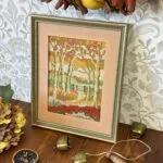 Vintage Needlepoint Framed Artwork, Autumn Scene, Handmade, Ready to Hang
