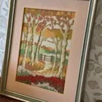 Vintage Needlepoint Framed Artwork, Autumn Scene, Handmade, Ready to Hang