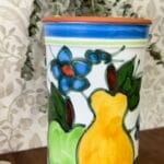 Vintage Hand-Painted Pottery Wine Cooler/Utensil Holder, Fruit Design, Possibly Portuguese