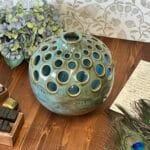 Vintage Ceramic Luminary Vase Turquoise Green Reactive Glaze Cut Out