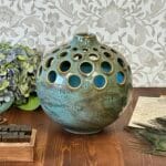 Vintage Ceramic Luminary Vase Turquoise Green Reactive Glaze Cut Out