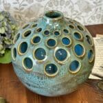 Vintage Ceramic Luminary Vase Turquoise Green Reactive Glaze Cut Out