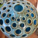 Vintage Ceramic Luminary Vase Turquoise Green Reactive Glaze Cut Out