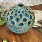 Vintage Ceramic Luminary Vase Turquoise Green Reactive Glaze Cut Out