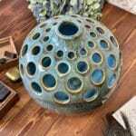 Vintage Ceramic Luminary Vase Turquoise Green Reactive Glaze Cut Out