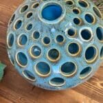 Vintage Ceramic Luminary Vase Turquoise Green Reactive Glaze Cut Out