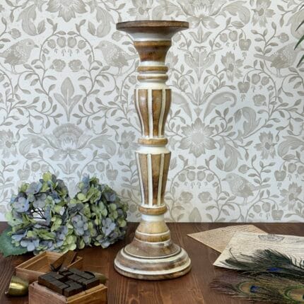 Vintage Wooden Pillar Candle Holder Stick Hand Carved Grecian Rustic Shabby Chic