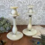 Vintage Alabaster Onyx Marble Candle Holders Pair Tall Elegant Stone Candlesticks