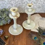 Vintage Alabaster Onyx Marble Candle Holders Pair Tall Elegant Stone Candlesticks