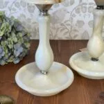 Vintage Alabaster Onyx Marble Candle Holders Pair Tall Elegant Stone Candlesticks
