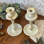 Vintage Alabaster Onyx Marble Candle Holders Pair Tall Elegant Stone Candlesticks