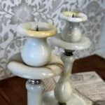Vintage Alabaster Onyx Marble Candle Holders Pair Tall Elegant Stone Candlesticks