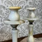 Vintage Alabaster Onyx Marble Candle Holders Pair Tall Elegant Stone Candlesticks
