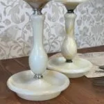 Vintage Alabaster Onyx Marble Candle Holders Pair Tall Elegant Stone Candlesticks