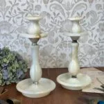 Vintage Alabaster Onyx Marble Candle Holders Pair Tall Elegant Stone Candlesticks