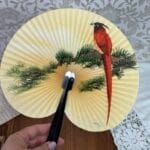 Vintage Oriental Paper Metal Frame China Chinese Bird Fan Asian Decor