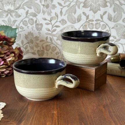 Set of 2 Vintage Brown Pottery Soup Bowls Loop Handle Retro Kitsch Made in England