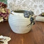 Vintage Studio Pottery Vase Blue Flowers Planter Hand Painted Decor