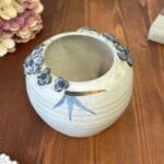 Vintage Studio Pottery Vase Blue Flowers Planter Hand Painted Decor