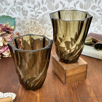 Vintage French Swirl Glass Vases Smokey Black 1970s Arcoroc Pair