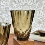 Vintage French Swirl Glass Vases Smokey Black 1970s Arcoroc Pair