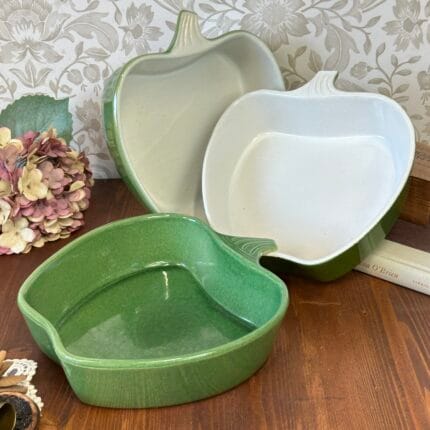 Vintage Set 3 Green Apple Ceramic Oven Dishes Baking Serving Retro Kitchen