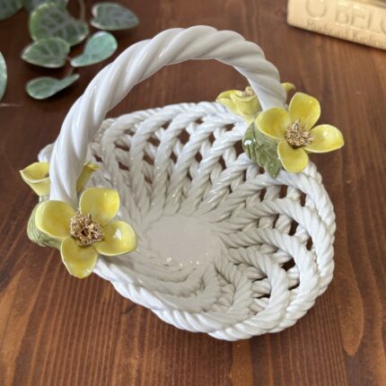 Vintage Italian GBC Capodimonte Style Porcelain Flower Basket Yellow Floral